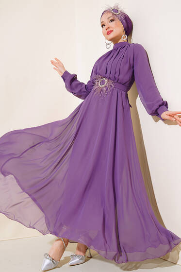 Kuşağı Tül Detaylı Şifon Elbise Mor - Tesettür Elbise
