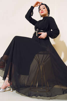 Kuşağı Tül Detaylı Şifon Elbise Siyah - Thumbnail