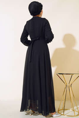 Kuşağı Tül Detaylı Şifon Elbise Siyah - Thumbnail