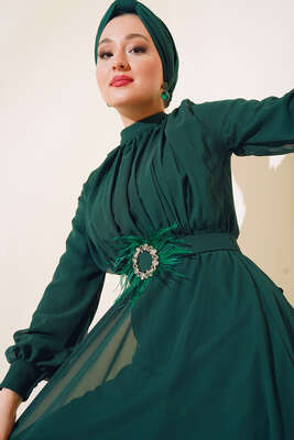 Kuşağı Tüy Detaylı Şifon Elbise Zümrüt Yeşil - Thumbnail