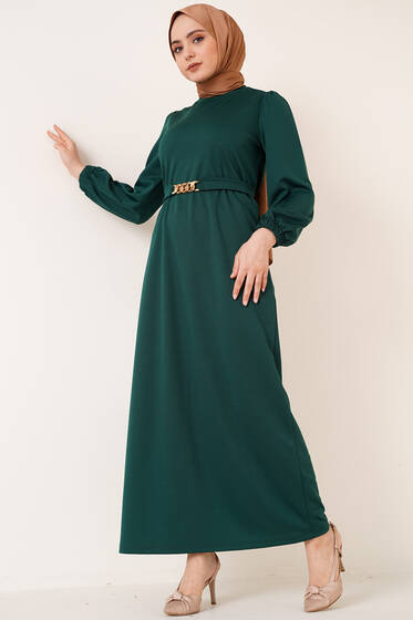 Kuşağı Zincir Detaylı Elbise Yeşil - Tesettür Elbise