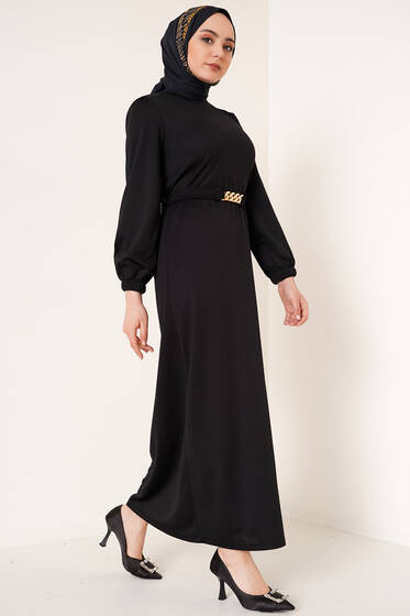 Kuşağı Zincir Detaylı Elbise Siyah - Tesettür Elbise