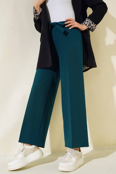 Kuşak Bağlamalı Dabıl Pantolon Zümrüt Yeşili - Kumaş Pantolon