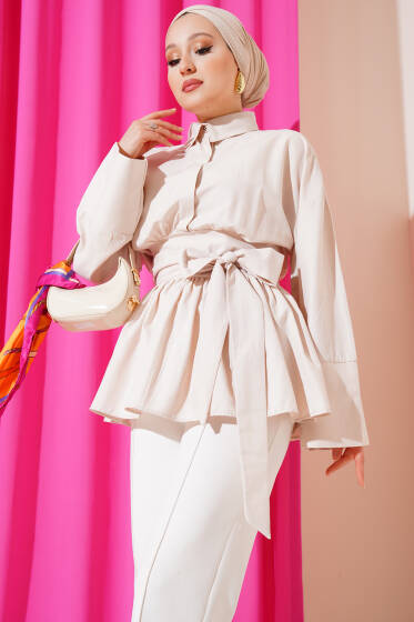 Kuşak Büzgülü Yarım Düğmeli Tunik Bej - Tunik