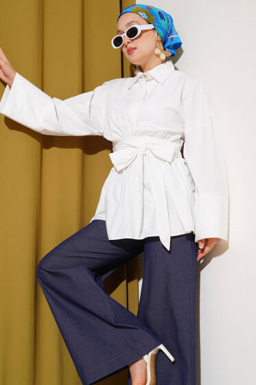 Kuşak Büzgülü Yarım Düğmeli Tunik Beyaz - Tunik