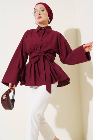 Kuşak Büzgülü Yarım Düğmeli Tunik Bordo - Tunik