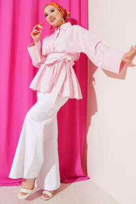 Kuşak Büzgülü Yarım Düğmeli Tunik Pembe - 500-700 TL Ürünler