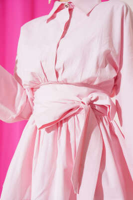 Kuşak Büzgülü Yarım Düğmeli Tunik Pembe - 500-700 TL Ürünler