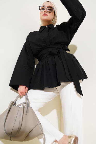 Kuşak Büzgülü Yarım Düğmeli Tunik Siyah - Tunik