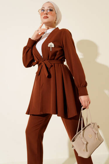 Kuşak Detaylı İkili Takım Kahve - İkili Takım