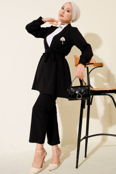 Kuşak Detaylı İkili Takım Siyah - İkili Takım