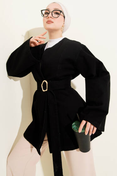 Kuşak Detaylı Kimono Siyah - Dış Giyim&Mont