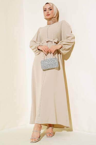 Kuşak Taş Püsküllü Elbise Bej - Elbise