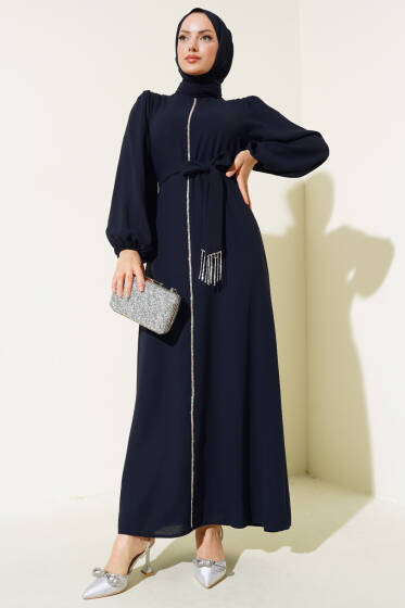 Kuşak Taş Püsküllü Elbise Lacivert - Elbise