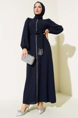 Kuşak Taş Püsküllü Elbise Lacivert - Tesettür Elbise