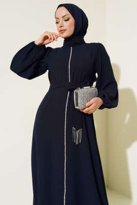 Kuşak Taş Püsküllü Elbise Lacivert - Tesettür Elbise