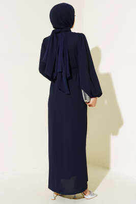 Kuşak Taş Püsküllü Elbise Lacivert - Tesettür Elbise