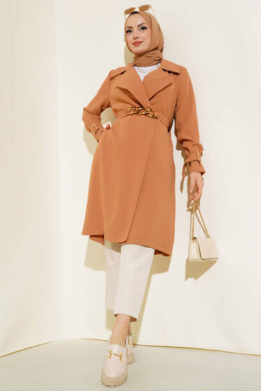 Kuşak Zincir Detaylı Hırka Latte - Hırka