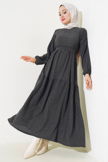 Kuşaklı Ağaç Kabuğu Elbise Antrasit - Elbise