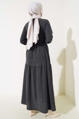 Kuşaklı Ağaç Kabuğu Elbise Antrasit - Tesettür Elbise
