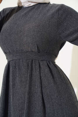 Kuşaklı Ağaç Kabuğu Elbise Antrasit - Tesettür Elbise