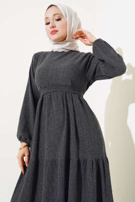 Kuşaklı Ağaç Kabuğu Elbise Antrasit - Tesettür Elbise