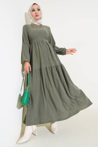 Kuşaklı Ağaç Kabuğu Elbise Çağla Yeşili - Elbise