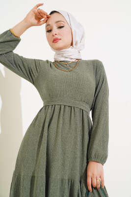 Kuşaklı Ağaç Kabuğu Elbise Çağla Yeşili - Tesettür Elbise