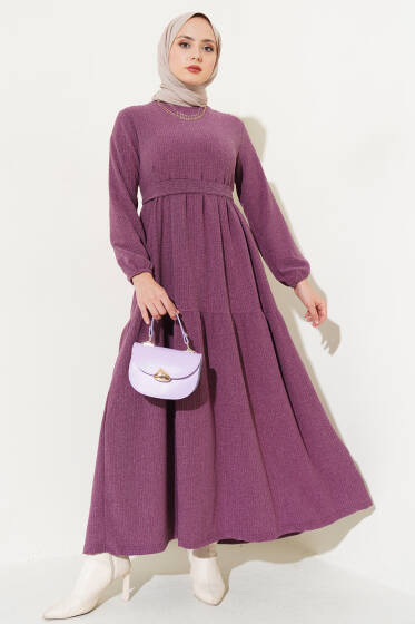 Kuşaklı Ağaç Kabuğu Elbise Gül Kurusu - Elbise