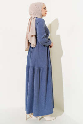 Kuşaklı Ağaç Kabuğu Elbise İndigo - Tesettür Elbise