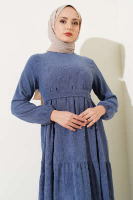 Kuşaklı Ağaç Kabuğu Elbise İndigo - Tesettür Elbise