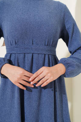 Kuşaklı Ağaç Kabuğu Elbise İndigo - Tesettür Elbise