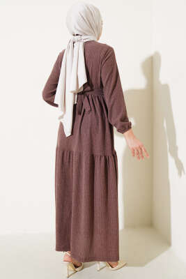 Kuşaklı Ağaç Kabuğu Elbise Kahve - Tesettür Elbise