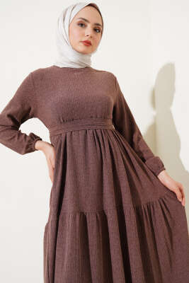 Kuşaklı Ağaç Kabuğu Elbise Kahve - Tesettür Elbise