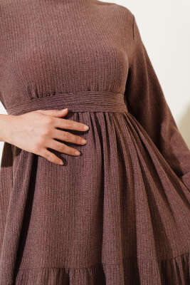 Kuşaklı Ağaç Kabuğu Elbise Kahve - Tesettür Elbise