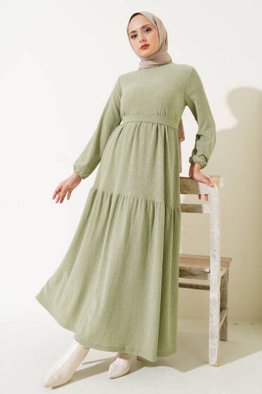 Kuşaklı Ağaç Kabuğu Elbise Mint - Elbise