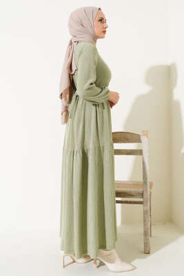 Kuşaklı Ağaç Kabuğu Elbise Mint - Tesettür Elbise