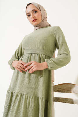 Kuşaklı Ağaç Kabuğu Elbise Mint - Tesettür Elbise