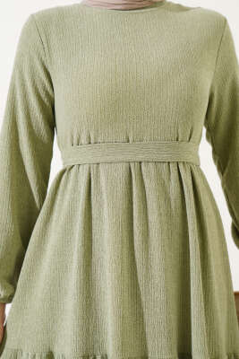 Kuşaklı Ağaç Kabuğu Elbise Mint - Tesettür Elbise