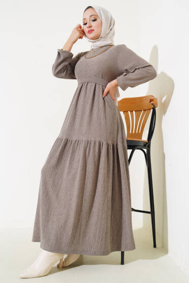 Kuşaklı Ağaç Kabuğu Elbise Sütlü Kahve - Elbise