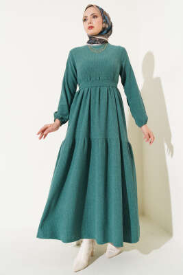Kuşaklı Ağaç Kabuğu Elbise Yeşil - Tesettür Elbise