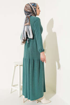 Kuşaklı Ağaç Kabuğu Elbise Yeşil - Tesettür Elbise