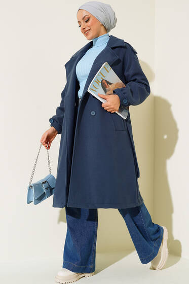 Kuşaklı Apoletli Kaşe Kaban İndigo - Kaban