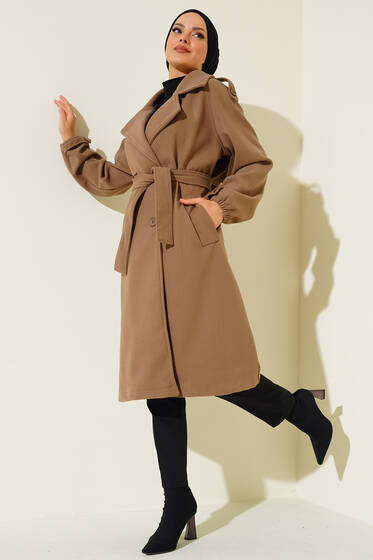 Kuşaklı Apoletli Kaşe Kaban Vizon - Kaban