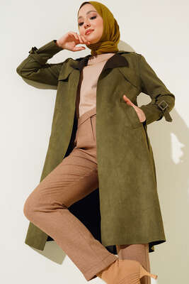 Kuşaklı Araboy Süet Trençkot Haki - Trençkot