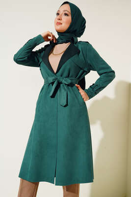 Kuşaklı Araboy Süet Trençkot Zümrüt Yeşili - Trençkot