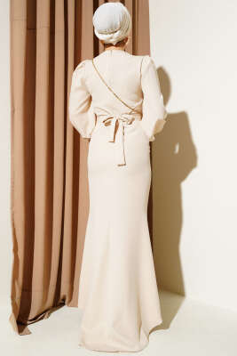 Kuşaklı Balık Elbise Bej - Tesettür Elbise