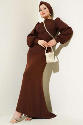 Kuşaklı Balık Elbise Kahve - Tesettür Elbise