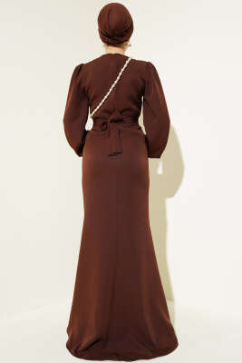 Kuşaklı Balık Elbise Kahve - Tesettür Elbise