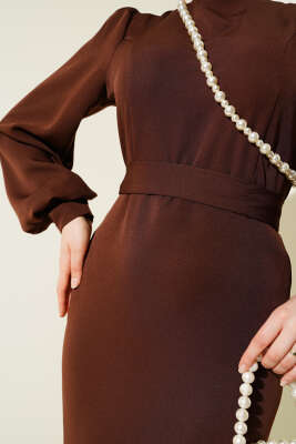 Kuşaklı Balık Elbise Kahve - Tesettür Elbise